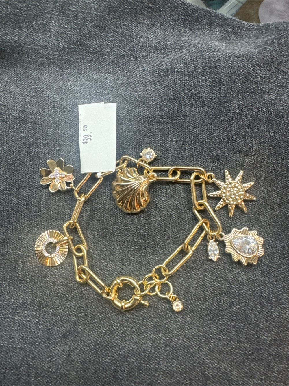 Gold Charm Link Bracelet with Sun, Shell & Heart Charms